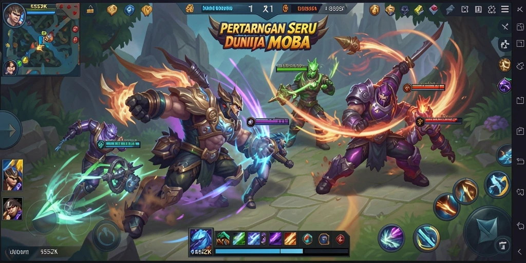 Screenshot gameplay MOBA 555ZK dengan pertarungan epik.