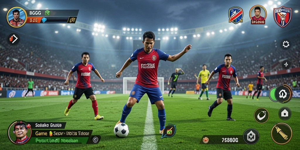 Tampilan gameplay mendebarkan dari 8G8G yang menunjukkan aksi sepak bola.