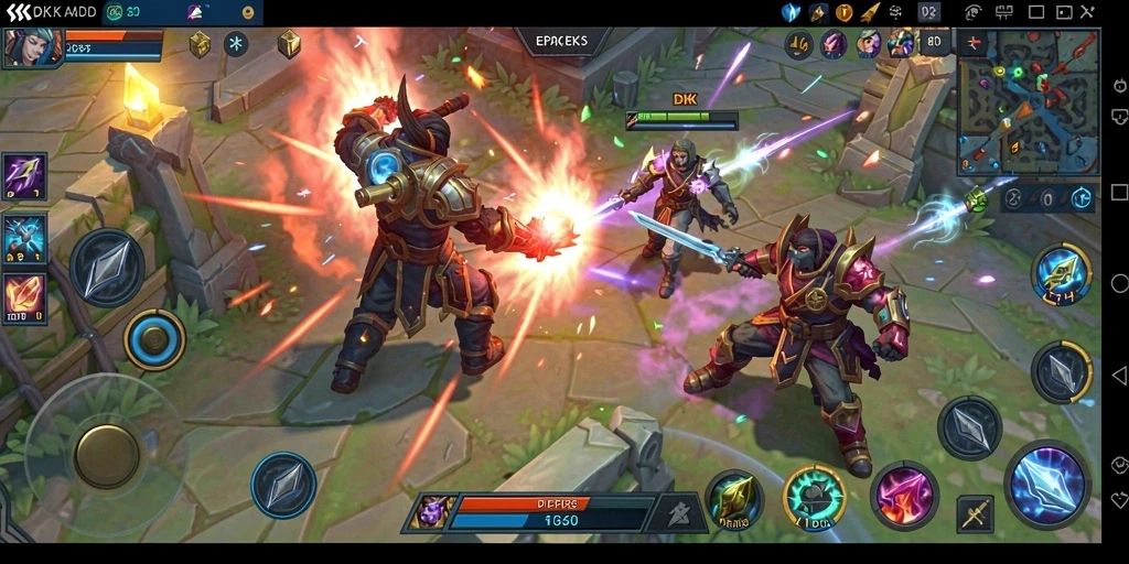 Gameplay DKK menunjukkan aksi pertarungan tim dalam arena yang seru.
