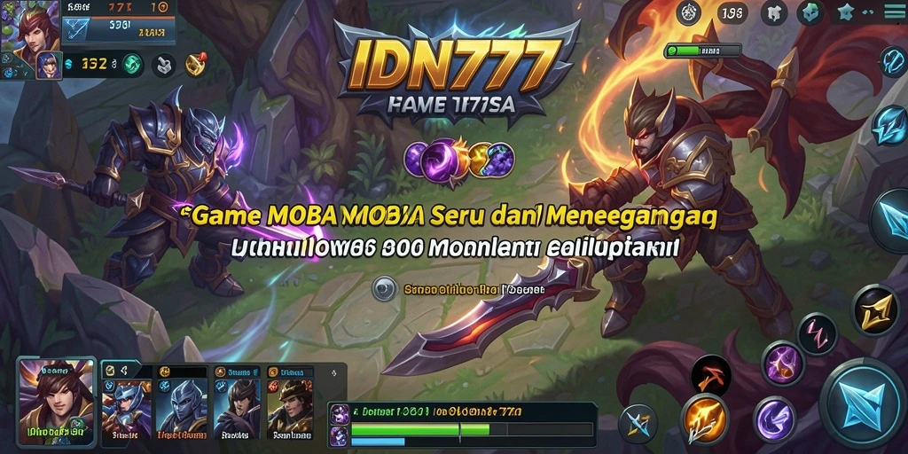 Screenshot gameplay IDN777 dengan pertempuran MOBA yang seru.