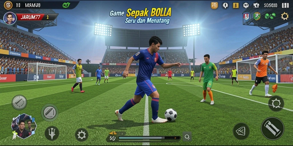 Tangkapan layar gameplay JARUM77 menampilkan aksi sepak bola yang mendebarkan.