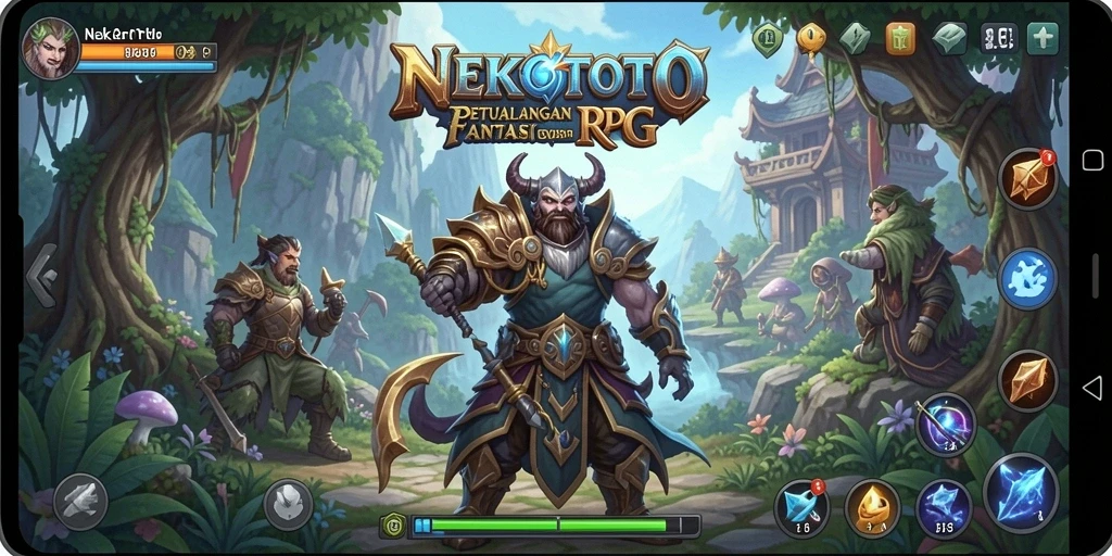 Screenshot utama NEKOTOTO menampilkan pertarungan seru di dunia RPG.