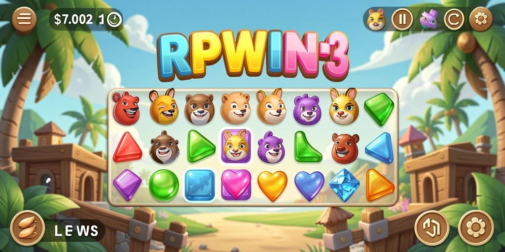 Tampilan screenshot utama RPWIN1 menampilkan gameplay Match-3 yang seru dan penuh warna.