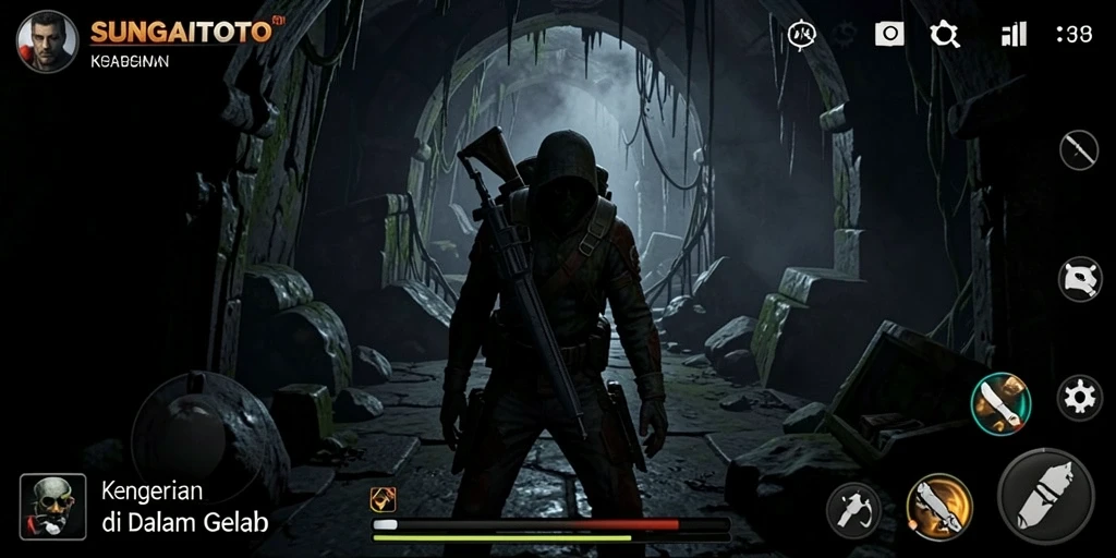 Screenshot SUNGAITOTO menampilkan suasana mencekam di dalam rumah angker.